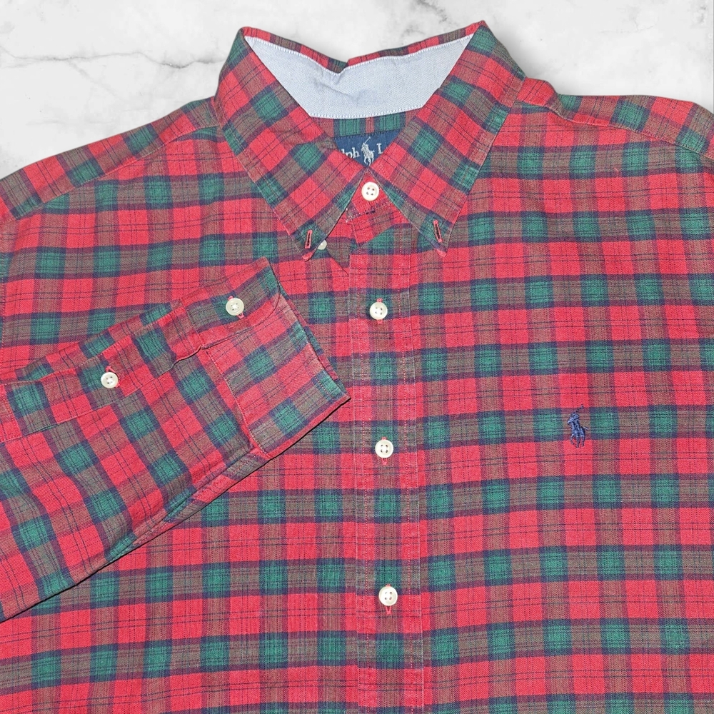 ⭐ Ralph Lauren Classic Fit Tartan Plaid Button Down Shirt Red Green XL